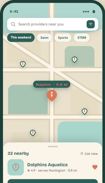 Preview of the PlayBook app showing nearby kids activities on a map